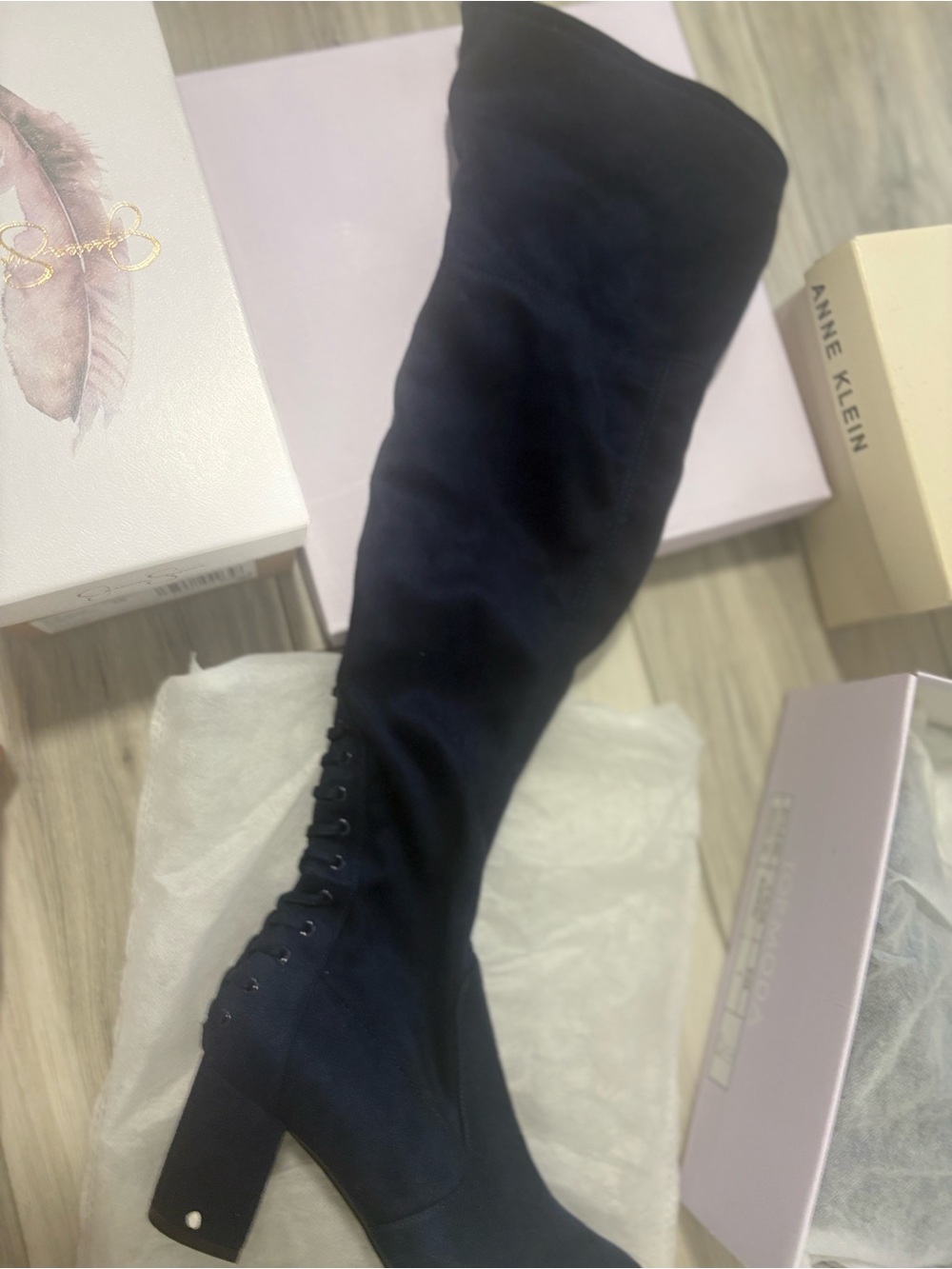 Anne Klein Navy Suede Over-The-Knee Lace-Up Block Heel Boots